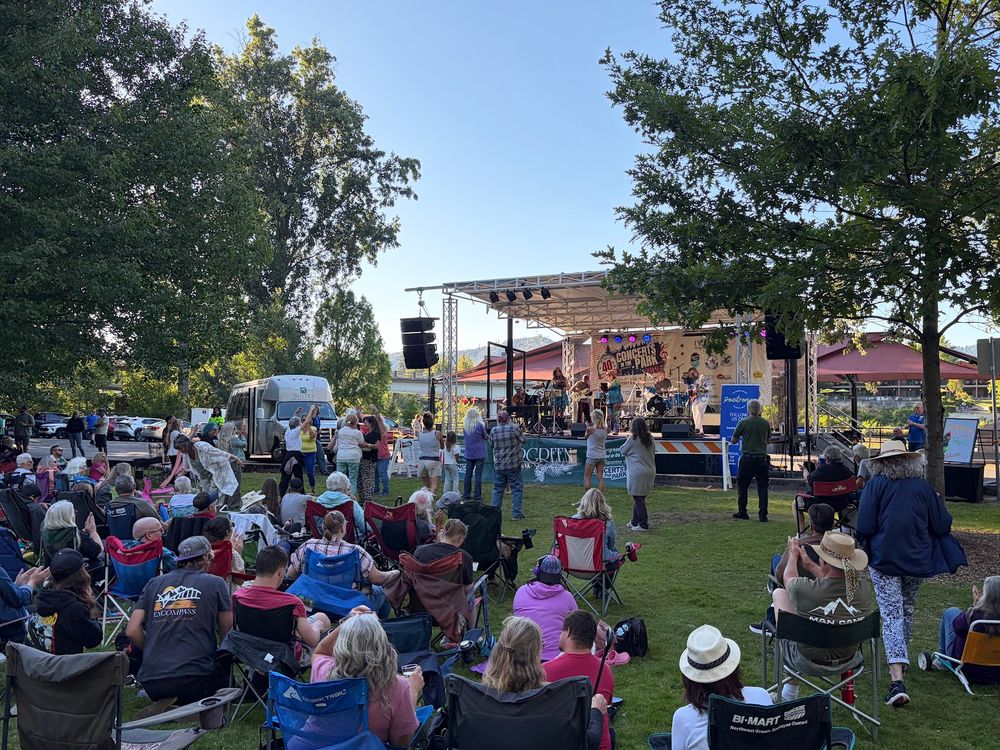 The lawn at Riverside Park at 6:41 PM, people in lawn chairs facing the stage